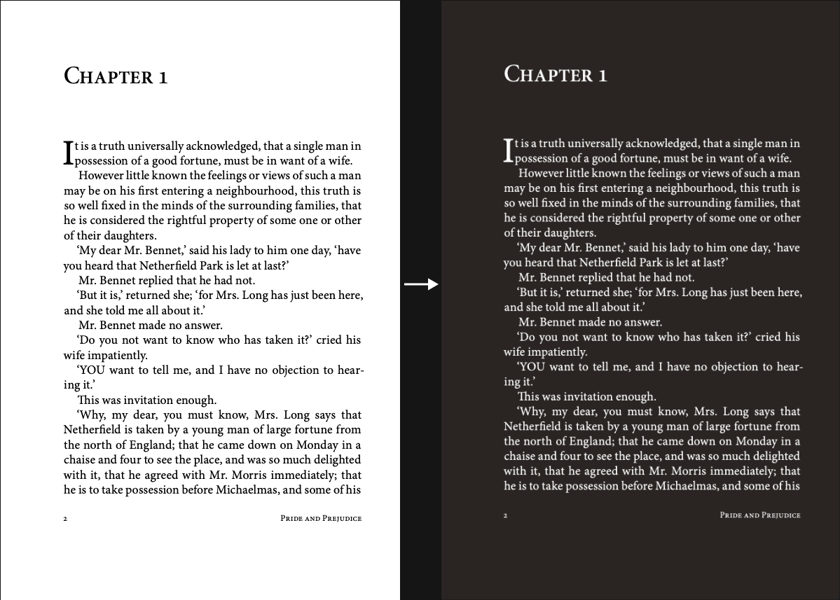 PDF page before and after applying dark mode